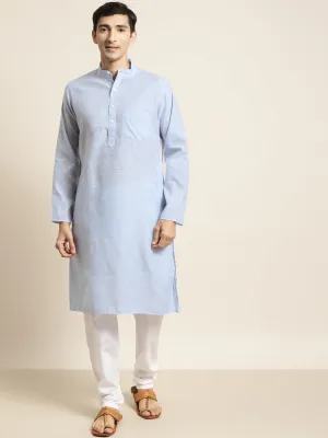 Men's Cotton Sky Blue Striped Kurta & White Churidar Pyjama Set - Sojanya