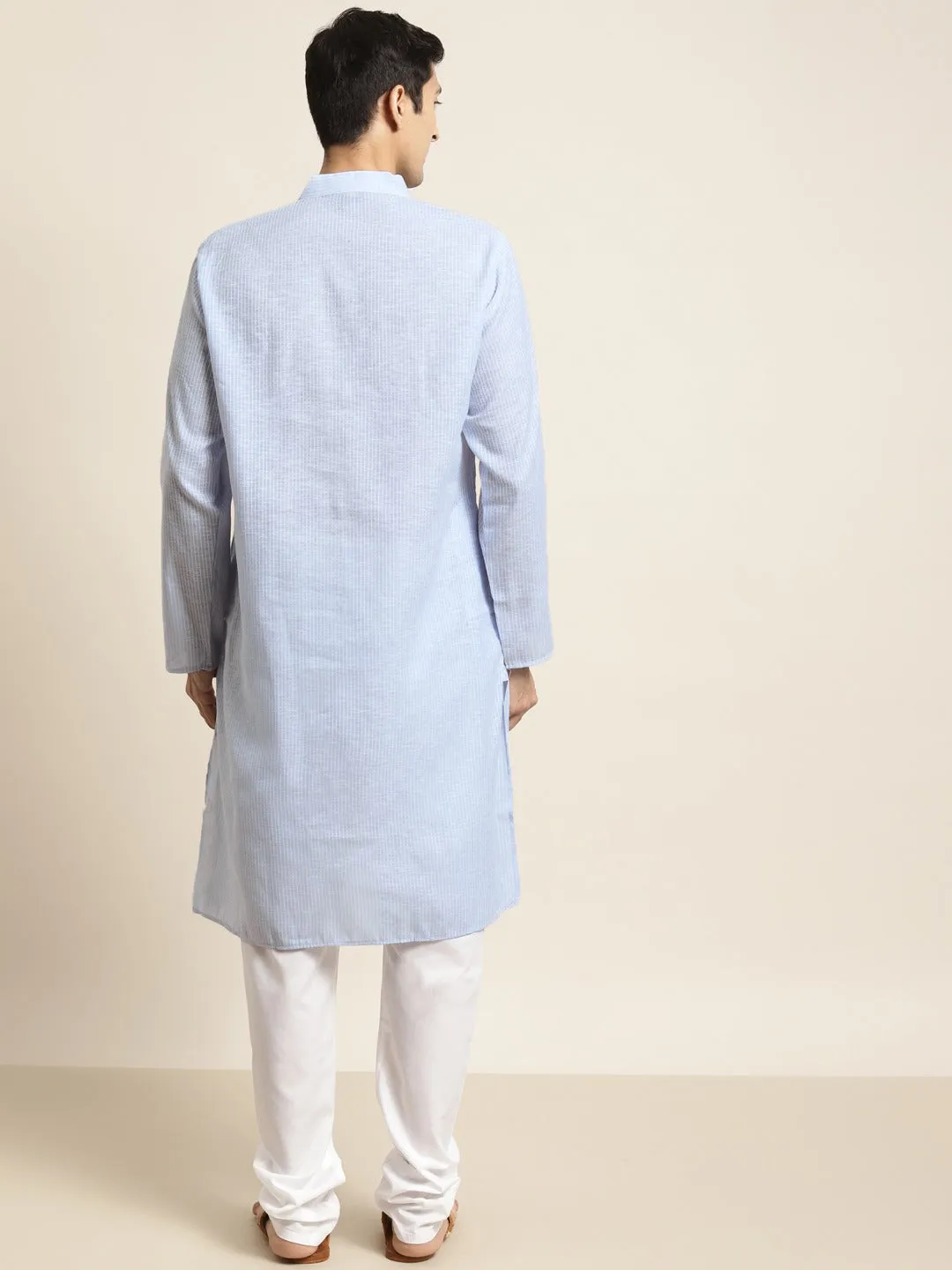 Men's Cotton Sky Blue Striped Kurta & White Churidar Pyjama Set - Sojanya