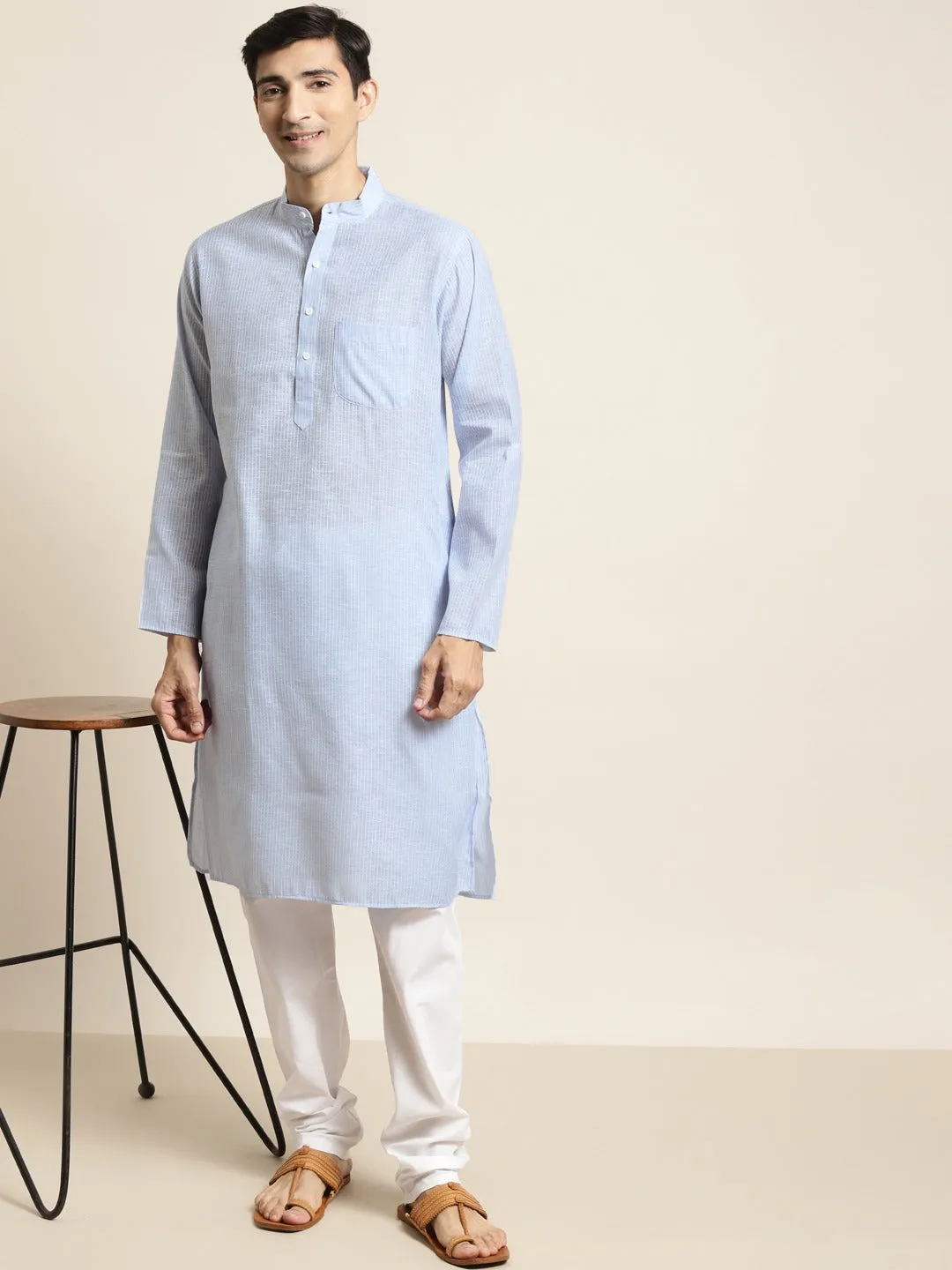 Men's Cotton Sky Blue Striped Kurta & White Churidar Pyjama Set - Sojanya