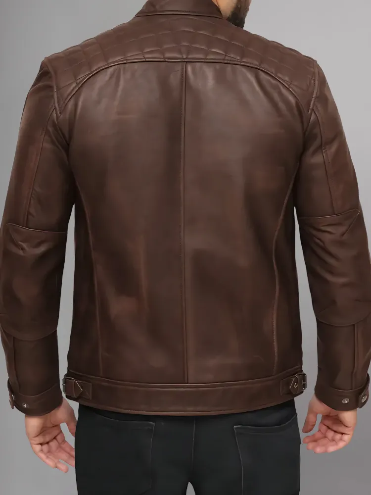 Mens Genuine Leather Stand Collar Motorcycle Jacket