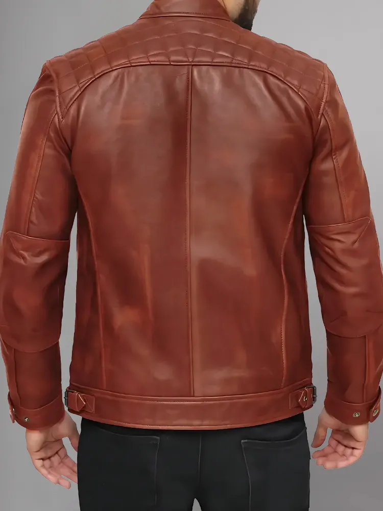 Mens Genuine Leather Stand Collar Motorcycle Jacket