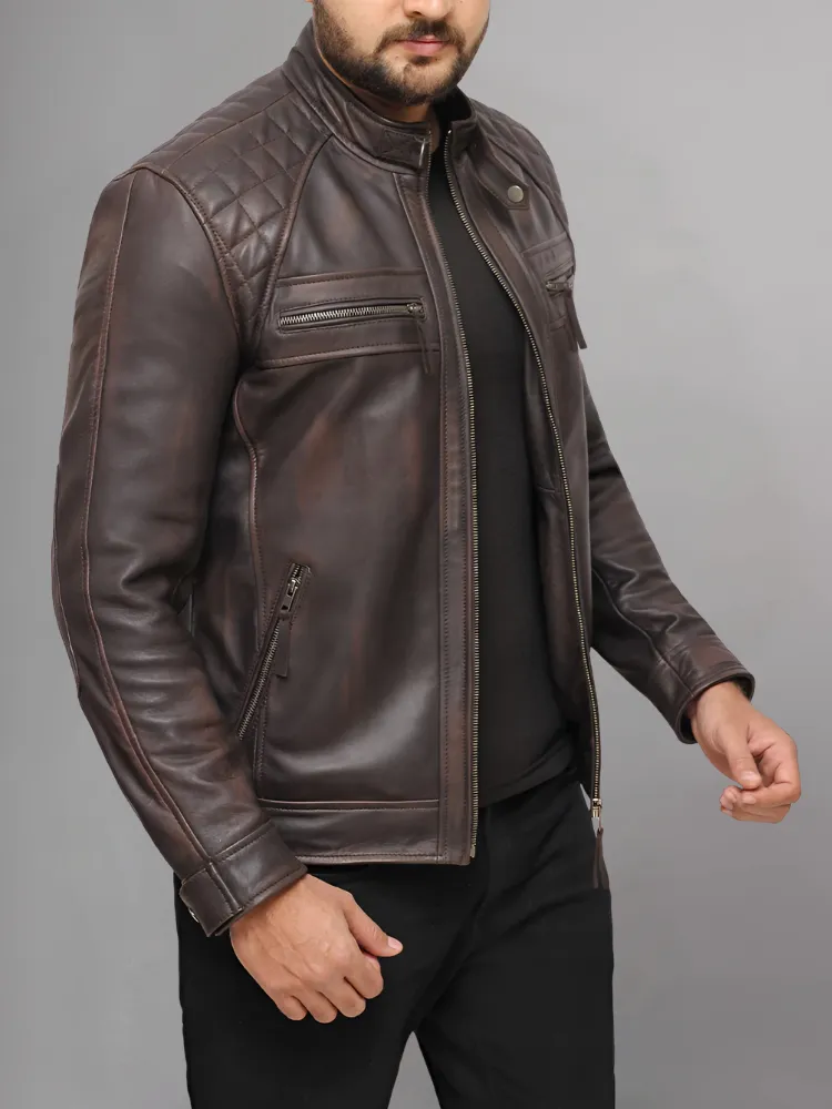 Mens Genuine Leather Stand Collar Motorcycle Jacket