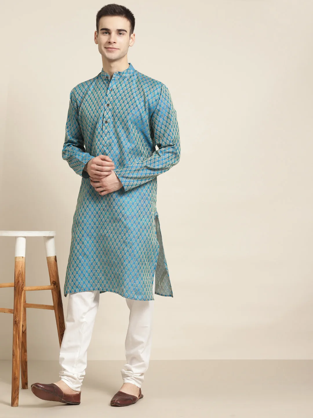 Men's Jacq Silk Peacock blue Self design Kurta & Off-White Churidar Pyjama Set - Sojanya