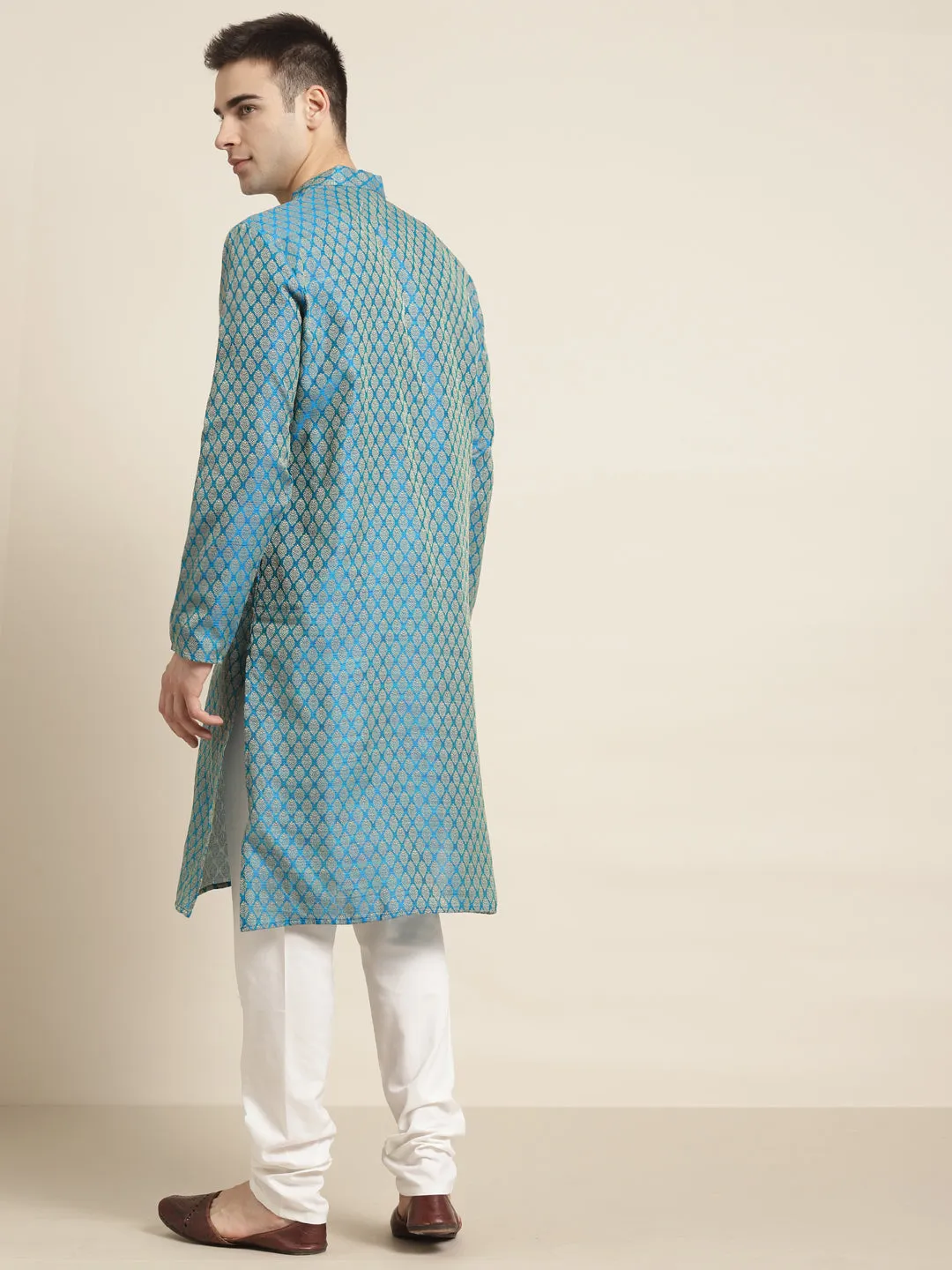 Men's Jacq Silk Peacock blue Self design Kurta & Off-White Churidar Pyjama Set - Sojanya