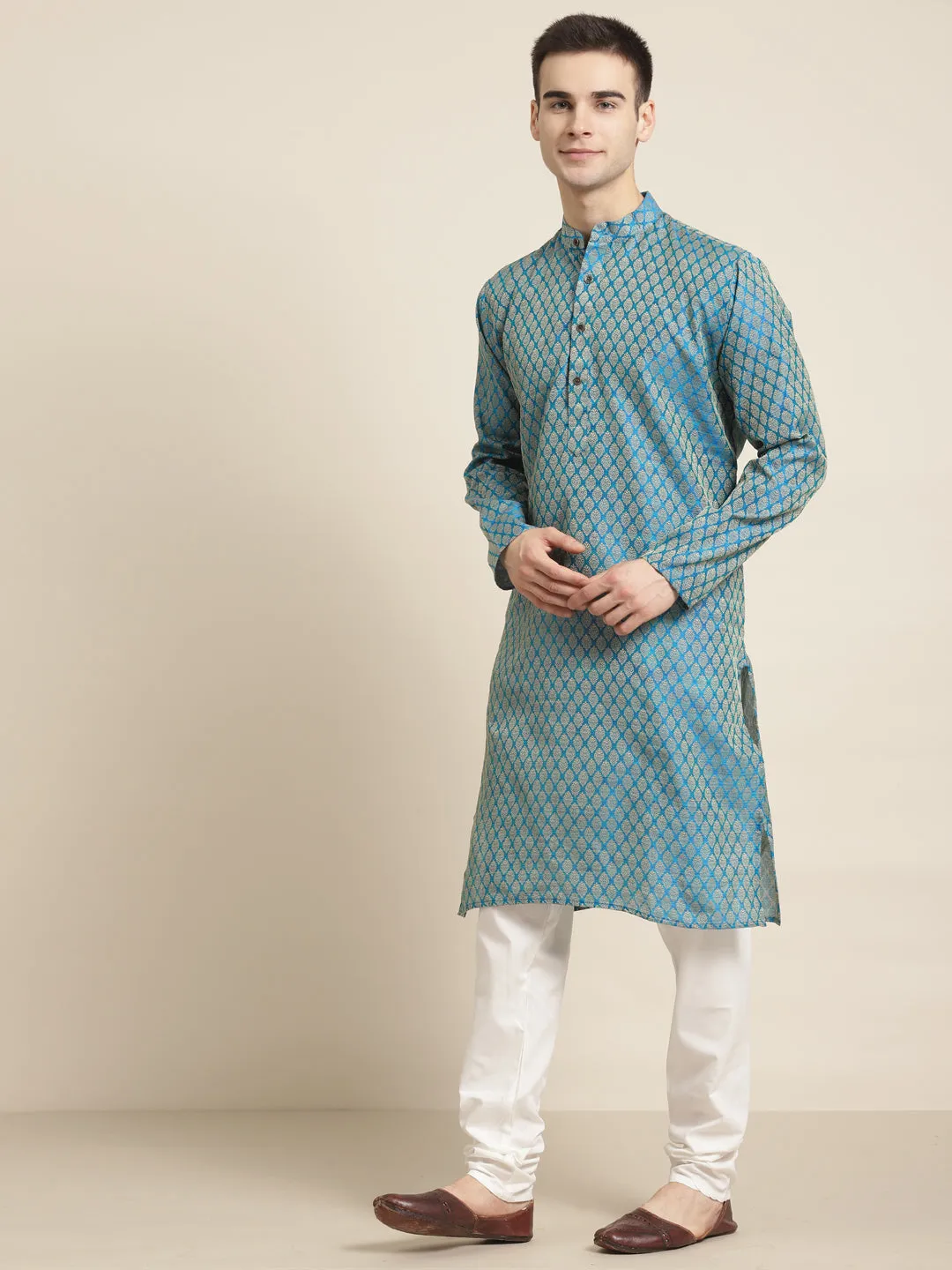 Men's Jacq Silk Peacock blue Self design Kurta & Off-White Churidar Pyjama Set - Sojanya