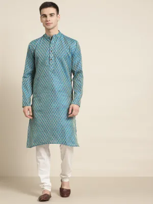 Men's Jacq Silk Peacock blue Self design Kurta & Off-White Churidar Pyjama Set - Sojanya