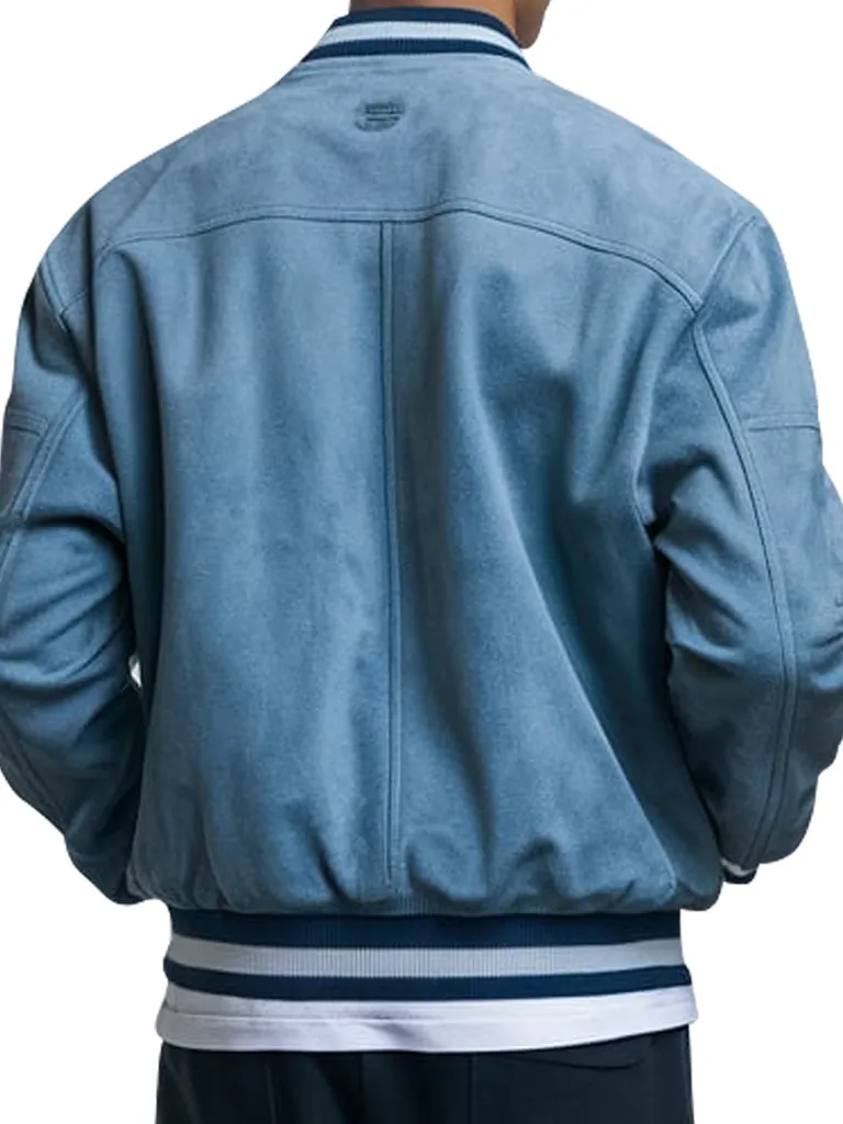 Men's Light Blue Suede Varsity Bomber Jacket