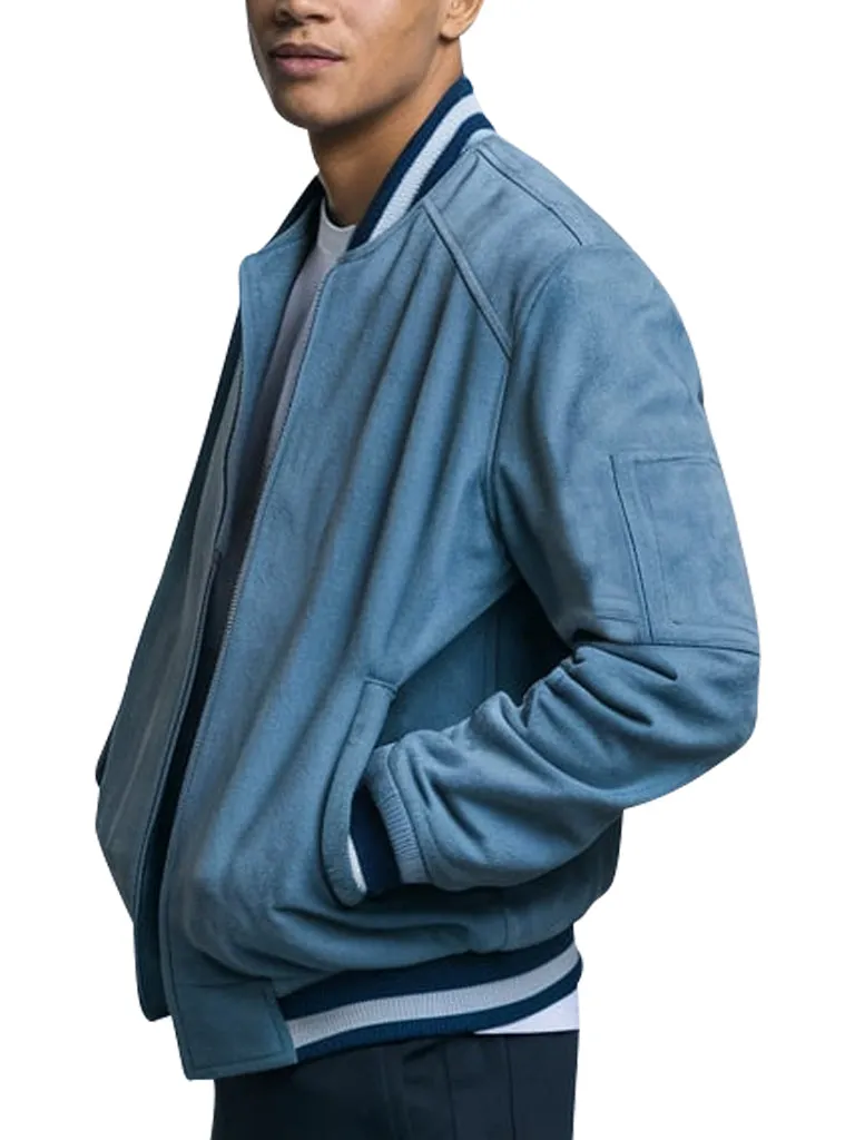 Men's Light Blue Suede Varsity Bomber Jacket