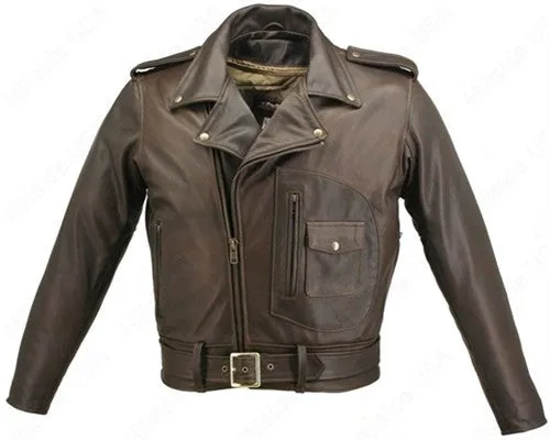 Mens Made in USA Brown Distressed Leather D Pocket Motorcycle Jacket