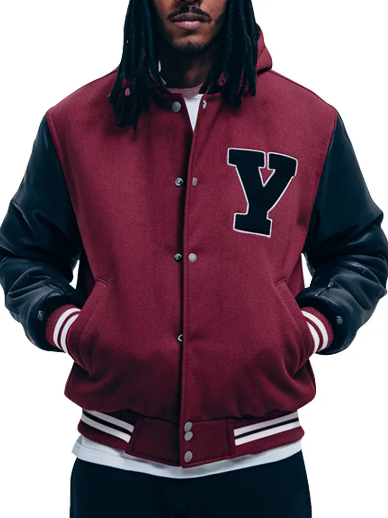 Men's Maroon Hooded Varsity Jacket With Black Leather Sleeves