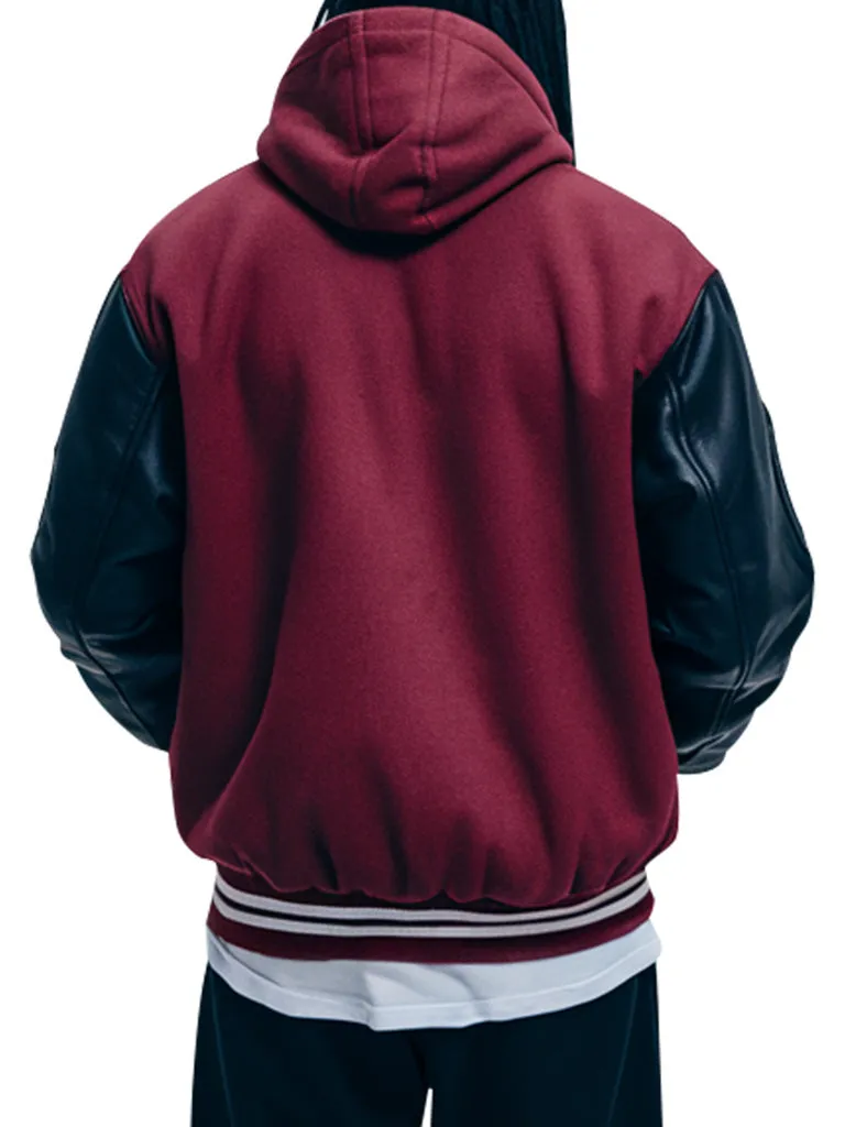 Men's Maroon Hooded Varsity Jacket With Black Leather Sleeves