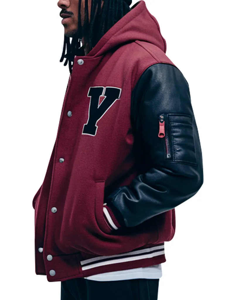 Men's Maroon Hooded Varsity Jacket With Black Leather Sleeves