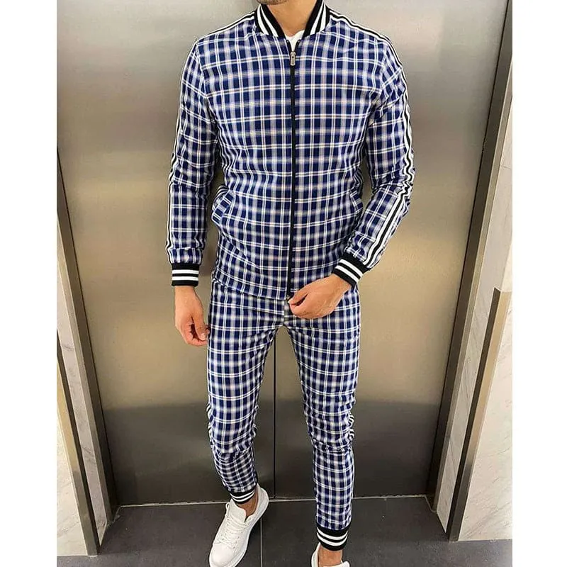 Men's Plaid Pattern Side Stripe Bomber Jacket & Pants Sweatsuit