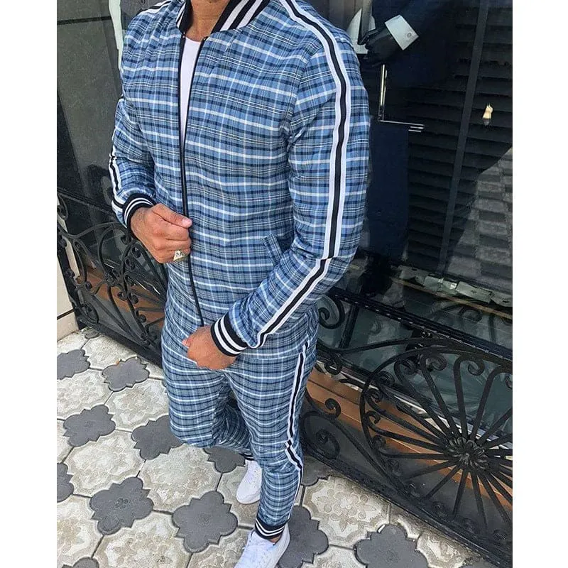 Men's Plaid Pattern Side Stripe Bomber Jacket & Pants Sweatsuit