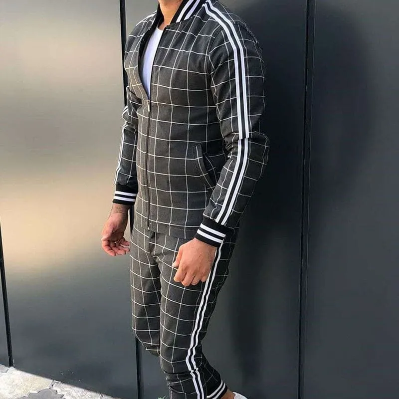 Men's Plaid Pattern Side Stripe Bomber Jacket & Pants Sweatsuit