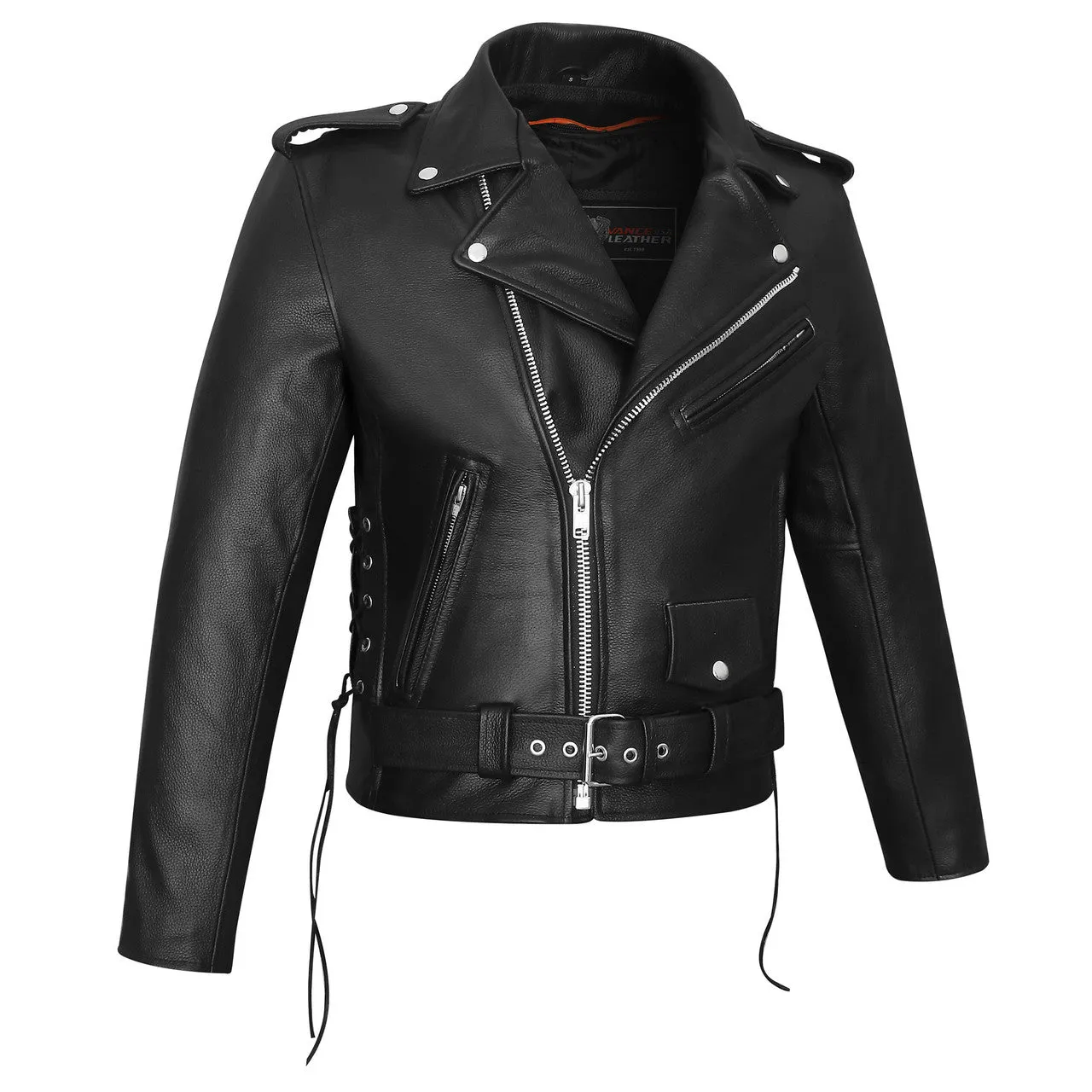 Men's Premium Classic Police Style Motorcycle Black Leather Jacket w/ Conceal Carry, Side lace and Removeable Quilted Liner