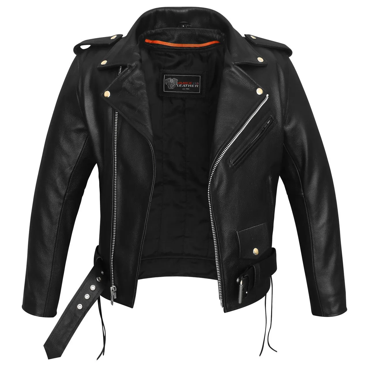 Men's Premium Classic Police Style Motorcycle Black Leather Jacket w/ Conceal Carry, Side lace and Removeable Quilted Liner