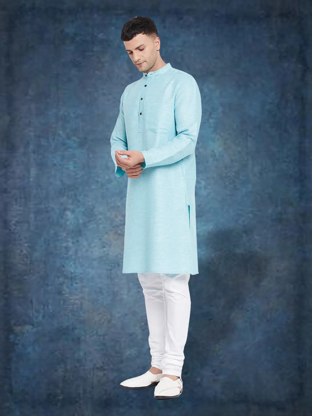 Men's Pure Cotton Turquoise Kurta - Even Apparels