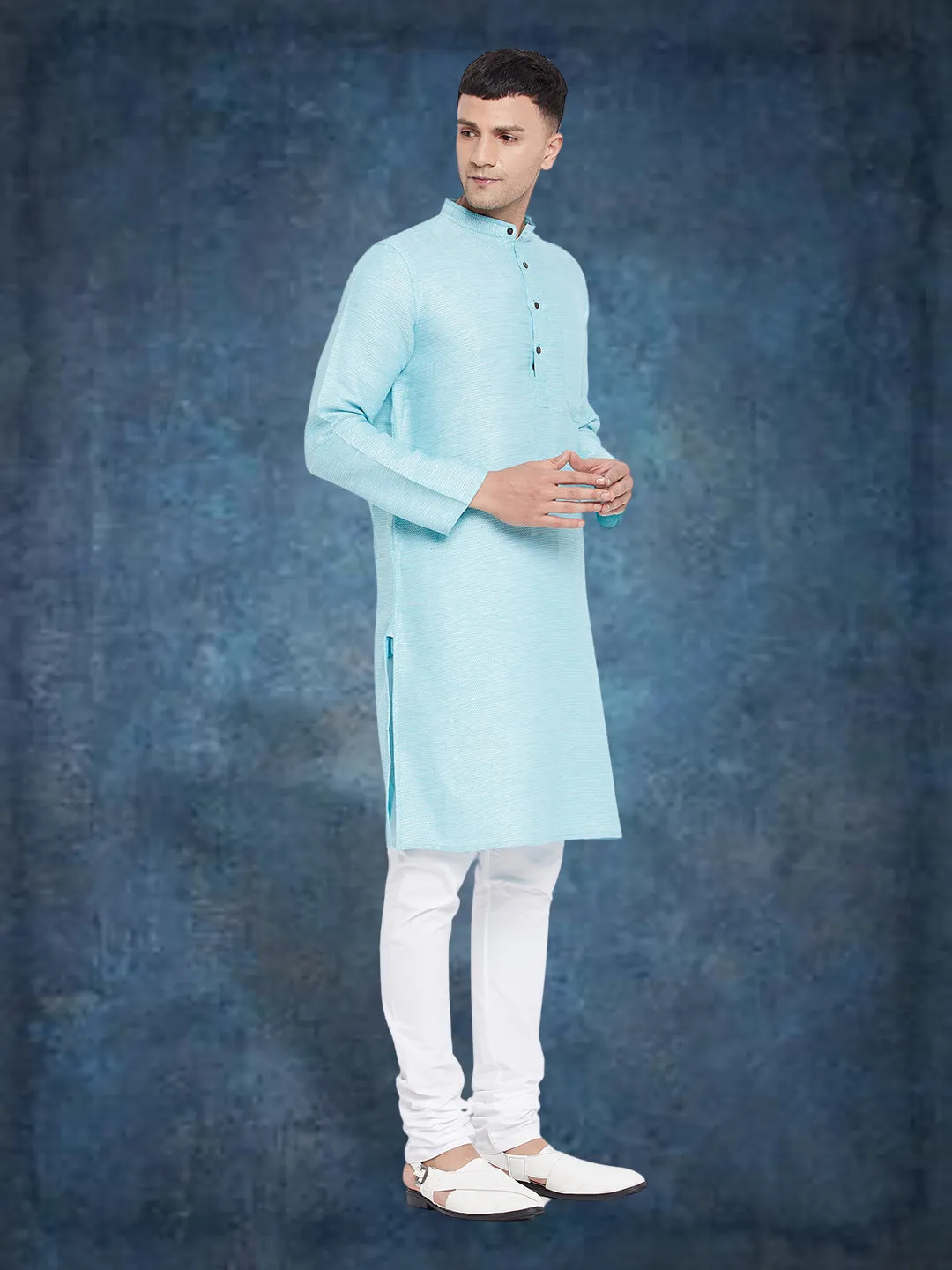 Men's Pure Cotton Turquoise Kurta - Even Apparels