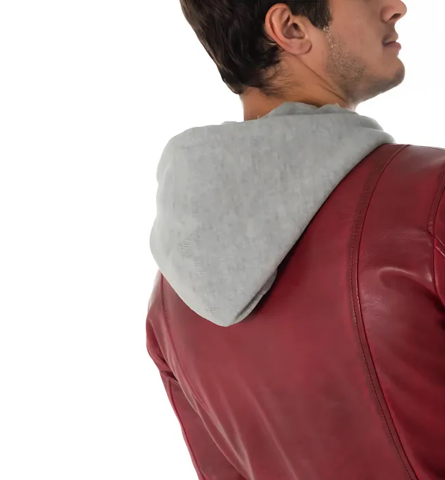 Mens Red hooded stylish bomber leather jacket