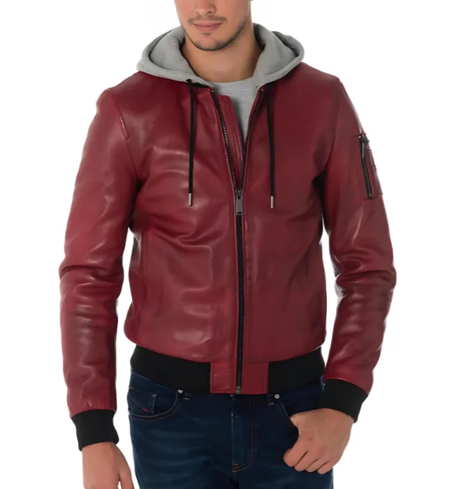 Mens Red hooded stylish bomber leather jacket