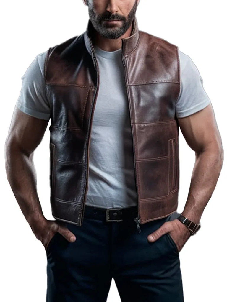 Men's Stylish Brown Stride Leather Vest With Zipper Closure