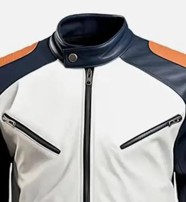 Men’s White Blue Cafe Racer Leather Jacket