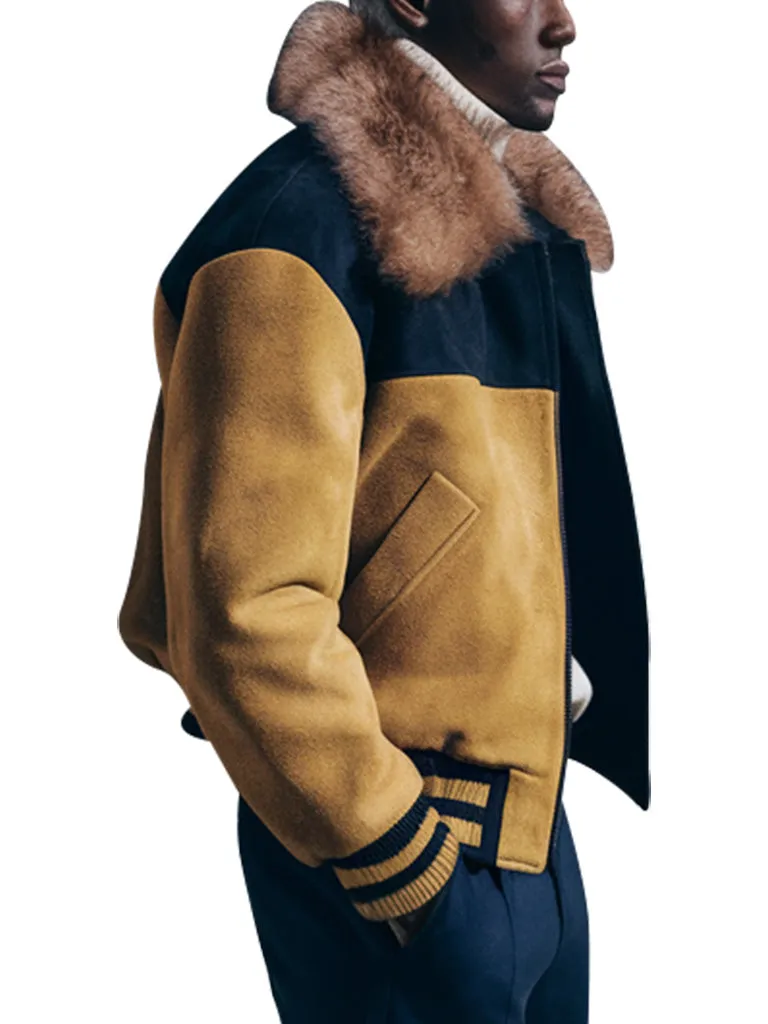 Men’s Yellow and Black Suede Bomber Jacket With Fur Collar