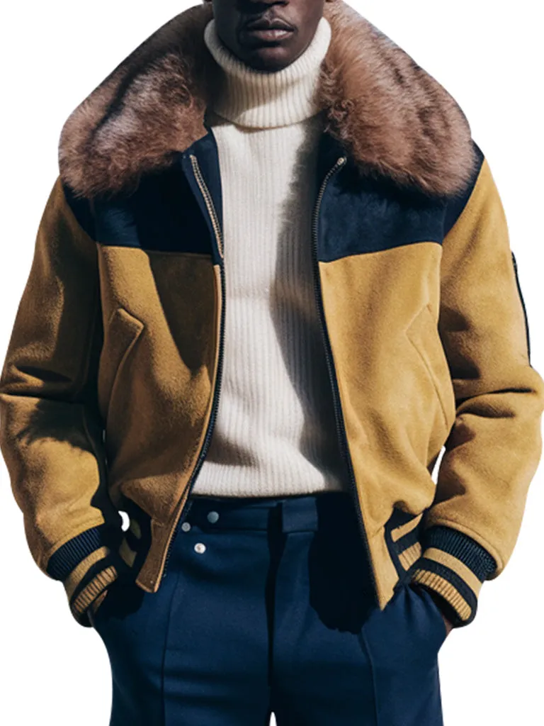 Men’s Yellow and Black Suede Bomber Jacket With Fur Collar