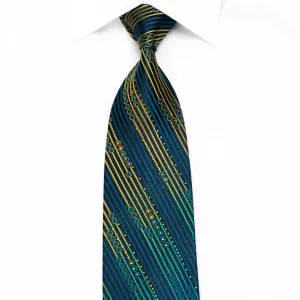 Mila Schon Men's Crystal Silk Necktie Teal Green Yellow Striped On Navy With Green Sparkles