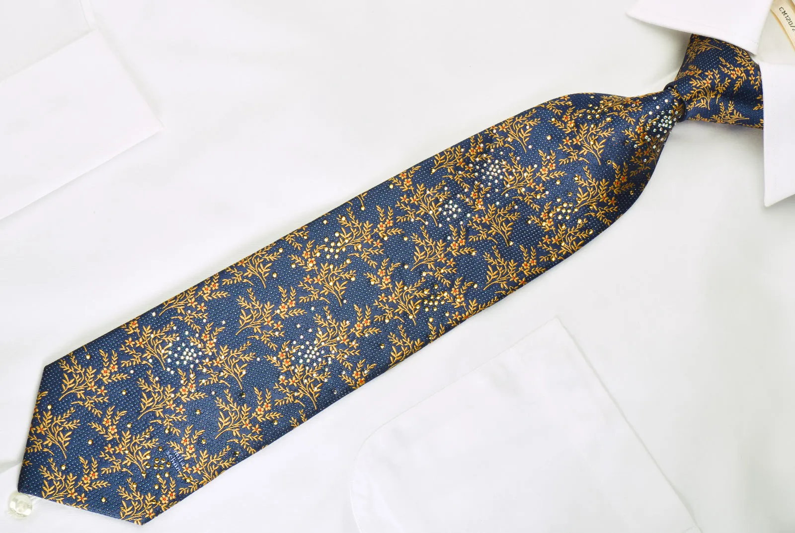 Mila Schon Rhinestone Silk Necktie Yellow Floral On Blue With Micro Sparkles