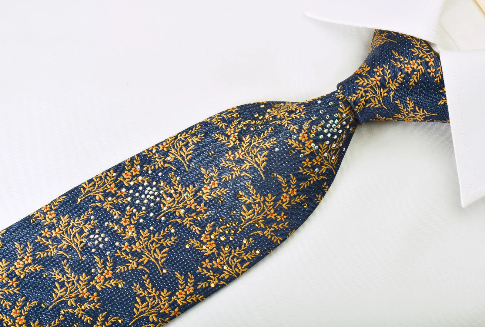 Mila Schon Rhinestone Silk Necktie Yellow Floral On Blue With Micro Sparkles