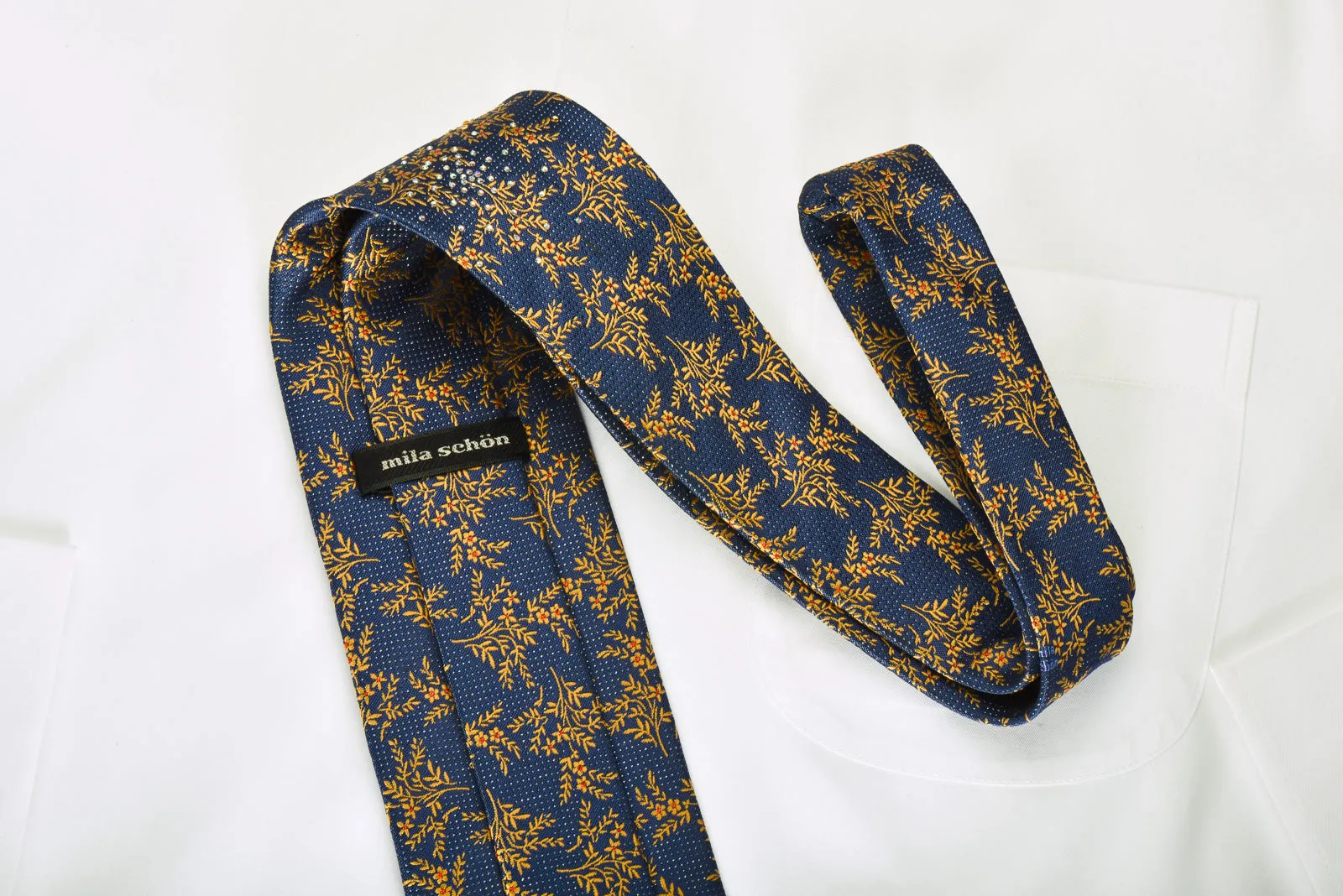 Mila Schon Rhinestone Silk Necktie Yellow Floral On Blue With Micro Sparkles