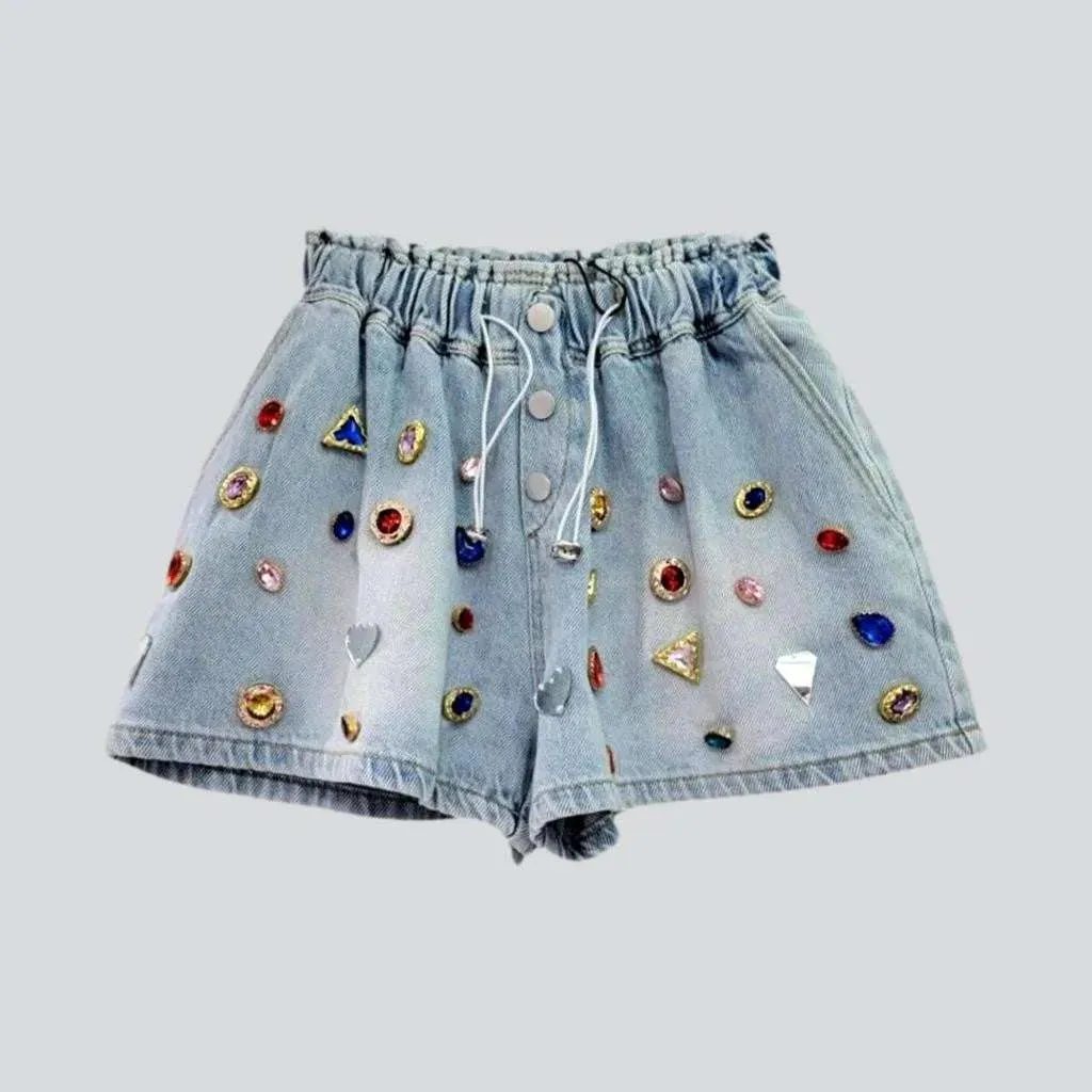 Multi-color rhinestone denim shorts