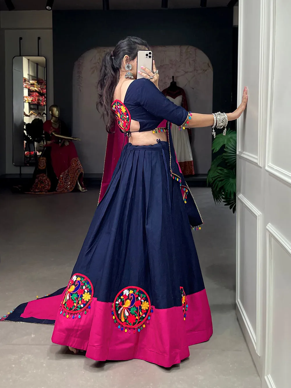 Navy Blue Color  Gamthi Patch Work With Colorful Cowrie(kodi) Work Cotton Chaniya Choli