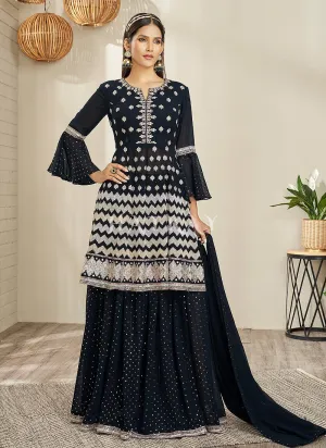 Navy Blue Traditional Embroidered Peplum Anarkali Lehenga