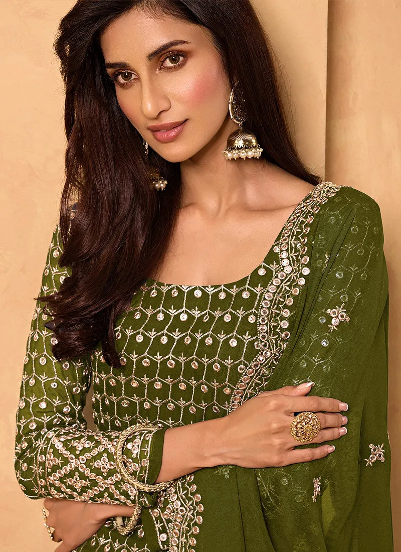 Olive Green Mirror Embroidered Georgette Sharara Suit