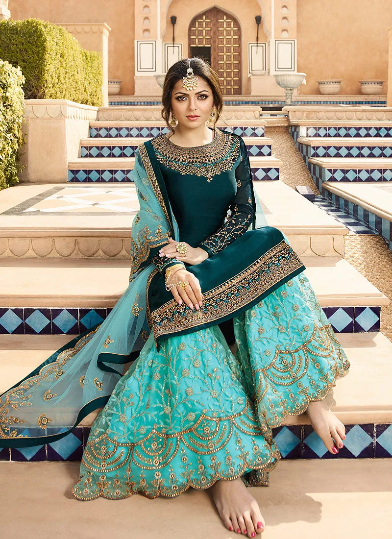 Peacock Blue Embroidered Pakistani Gharara Suit