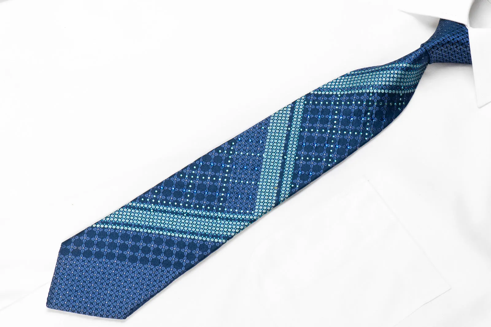 Perry Ellis Mens Crystal Rhinestone Silk Necktie Geometric On Blue With Sparkles