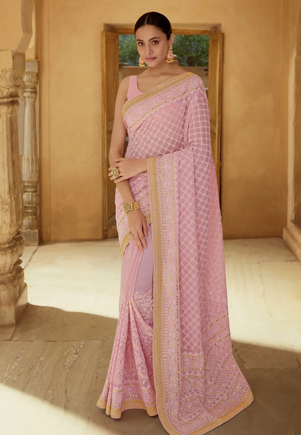 Pink Chikankari Embroidered Party Wear Saree