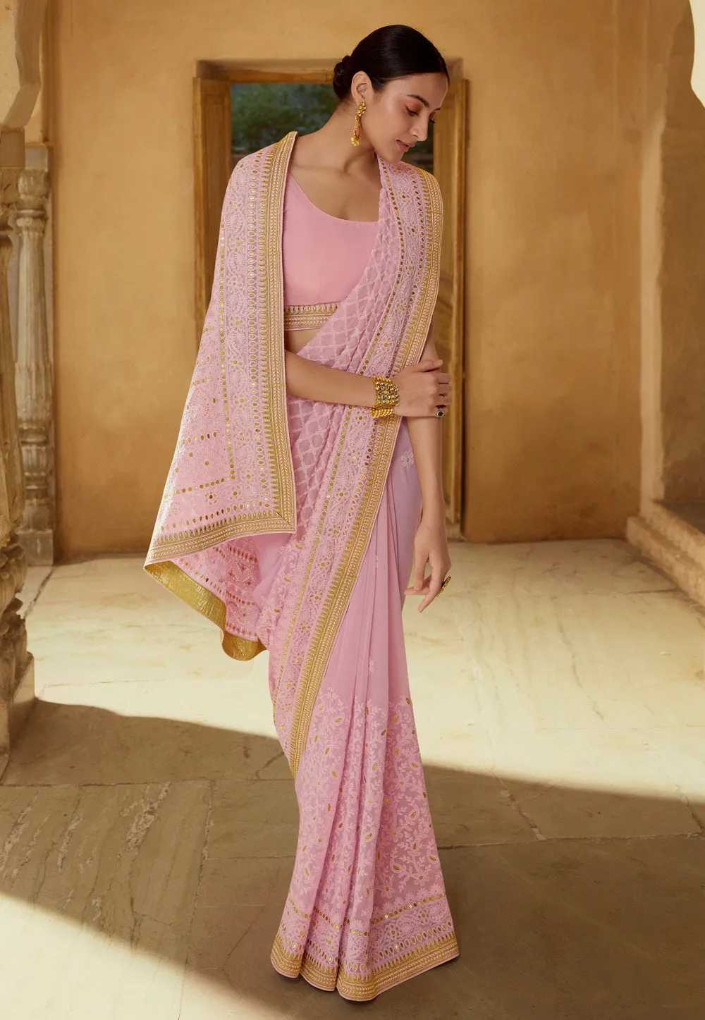 Pink Chikankari Embroidered Party Wear Saree