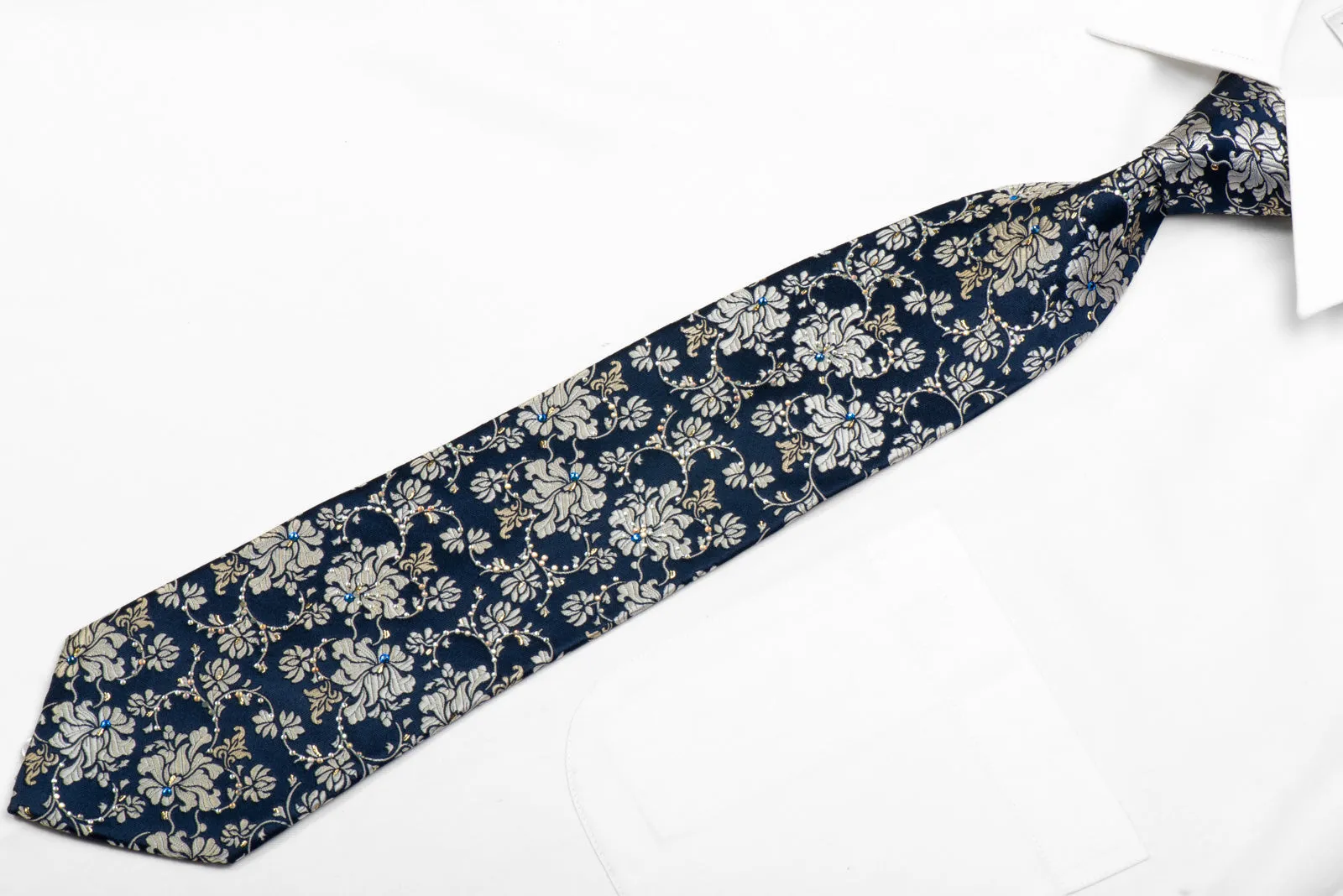 Premierlux Rhinestone Silk Necktie Silver Floral On Navy With Sparkles