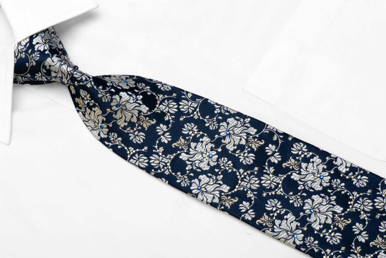 Premierlux Rhinestone Silk Necktie Silver Floral On Navy With Sparkles