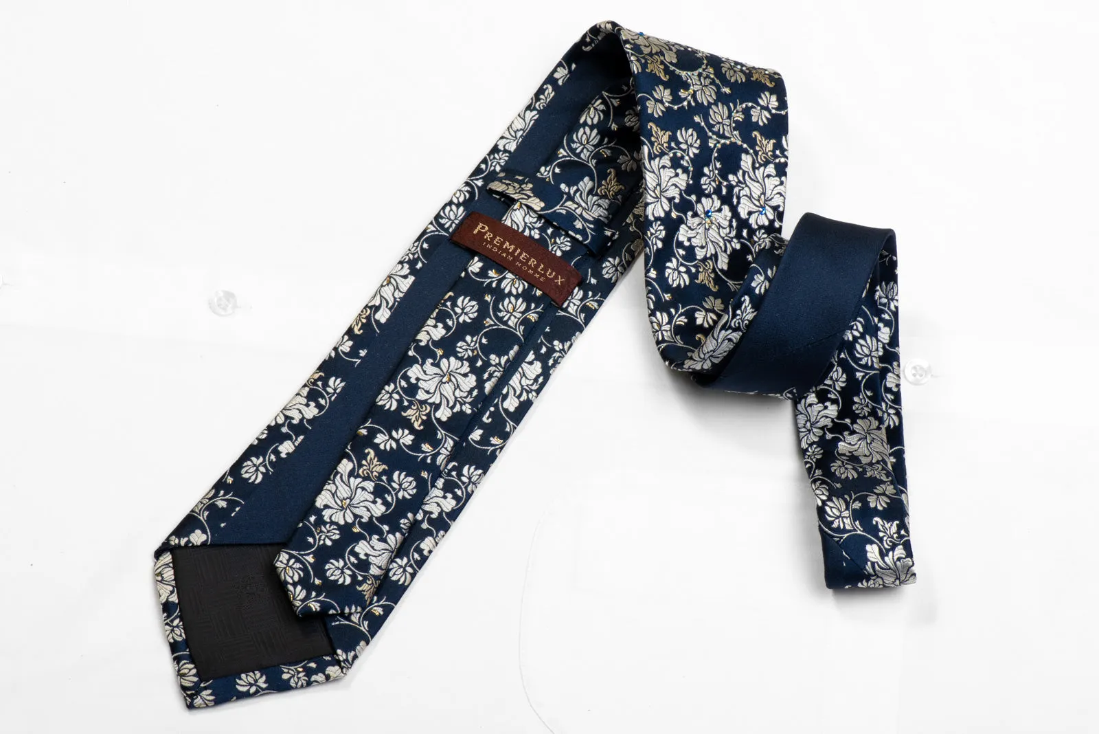 Premierlux Rhinestone Silk Necktie Silver Floral On Navy With Sparkles