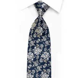 Premierlux Rhinestone Silk Necktie Silver Floral On Navy With Sparkles