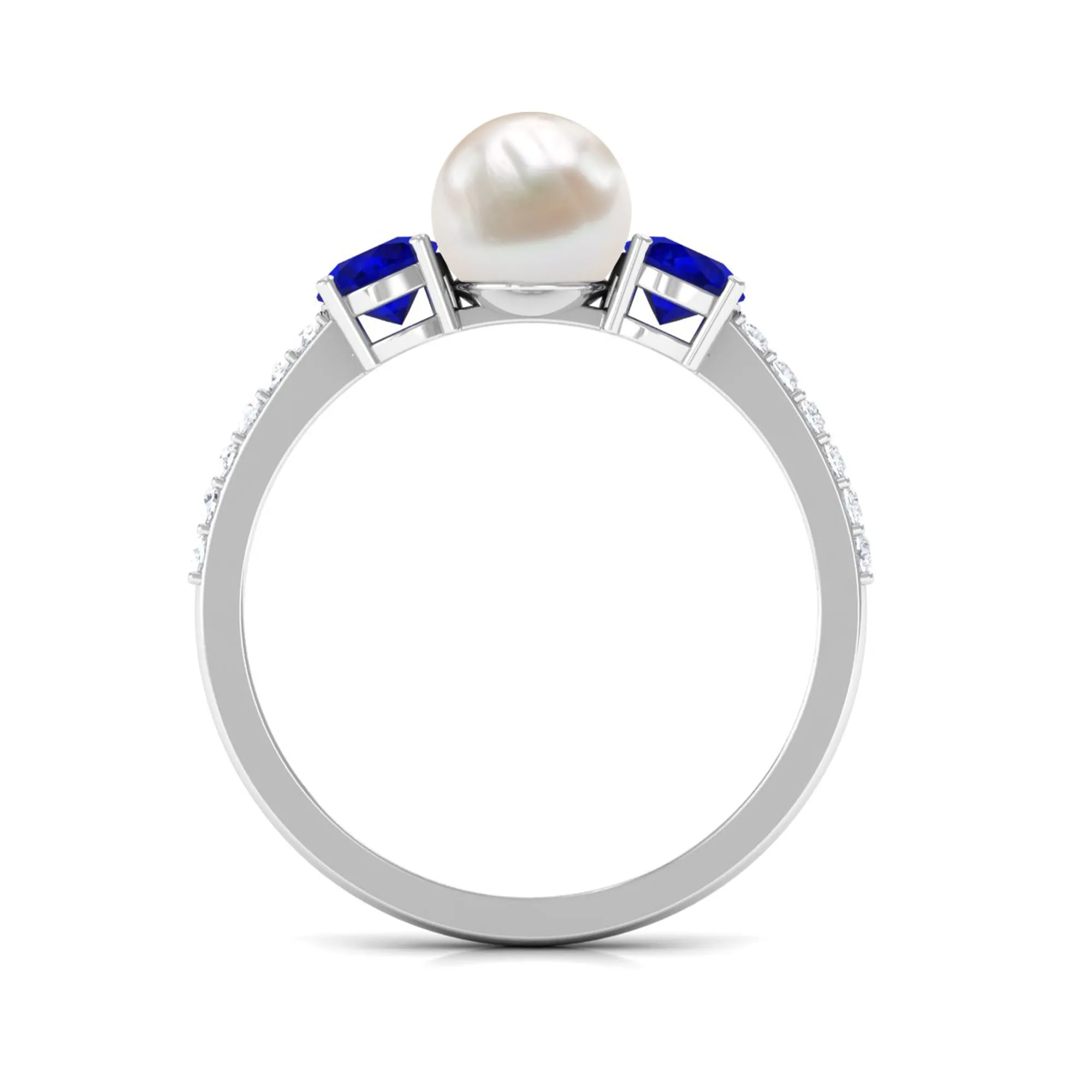 Pure Freshwater Pearl and Blue Sapphire Engagement Ring with Moissanite