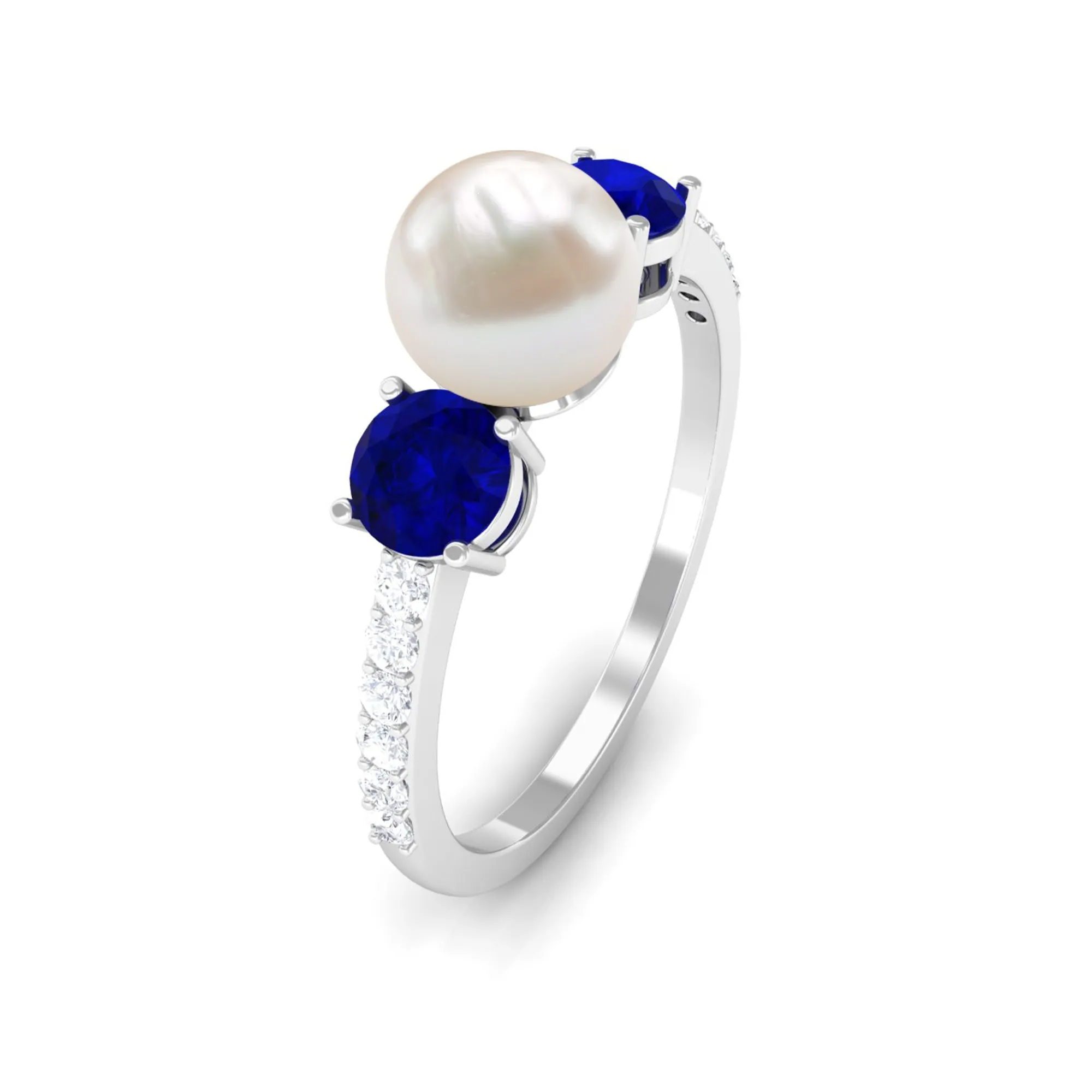 Pure Freshwater Pearl and Blue Sapphire Engagement Ring with Moissanite