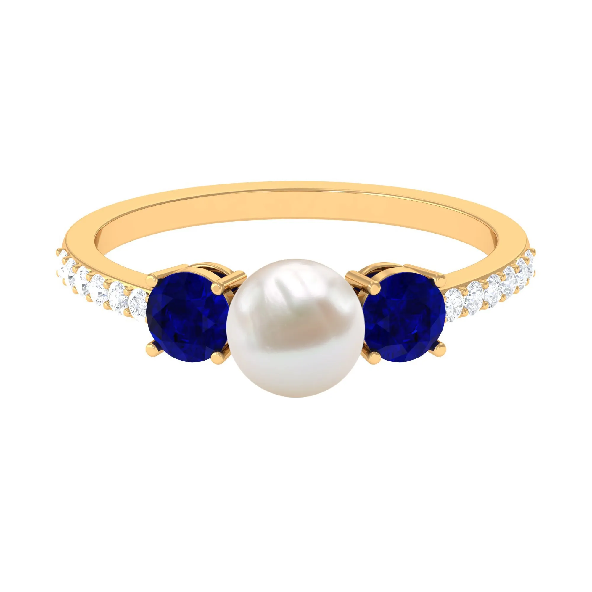 Pure Freshwater Pearl and Blue Sapphire Engagement Ring with Moissanite