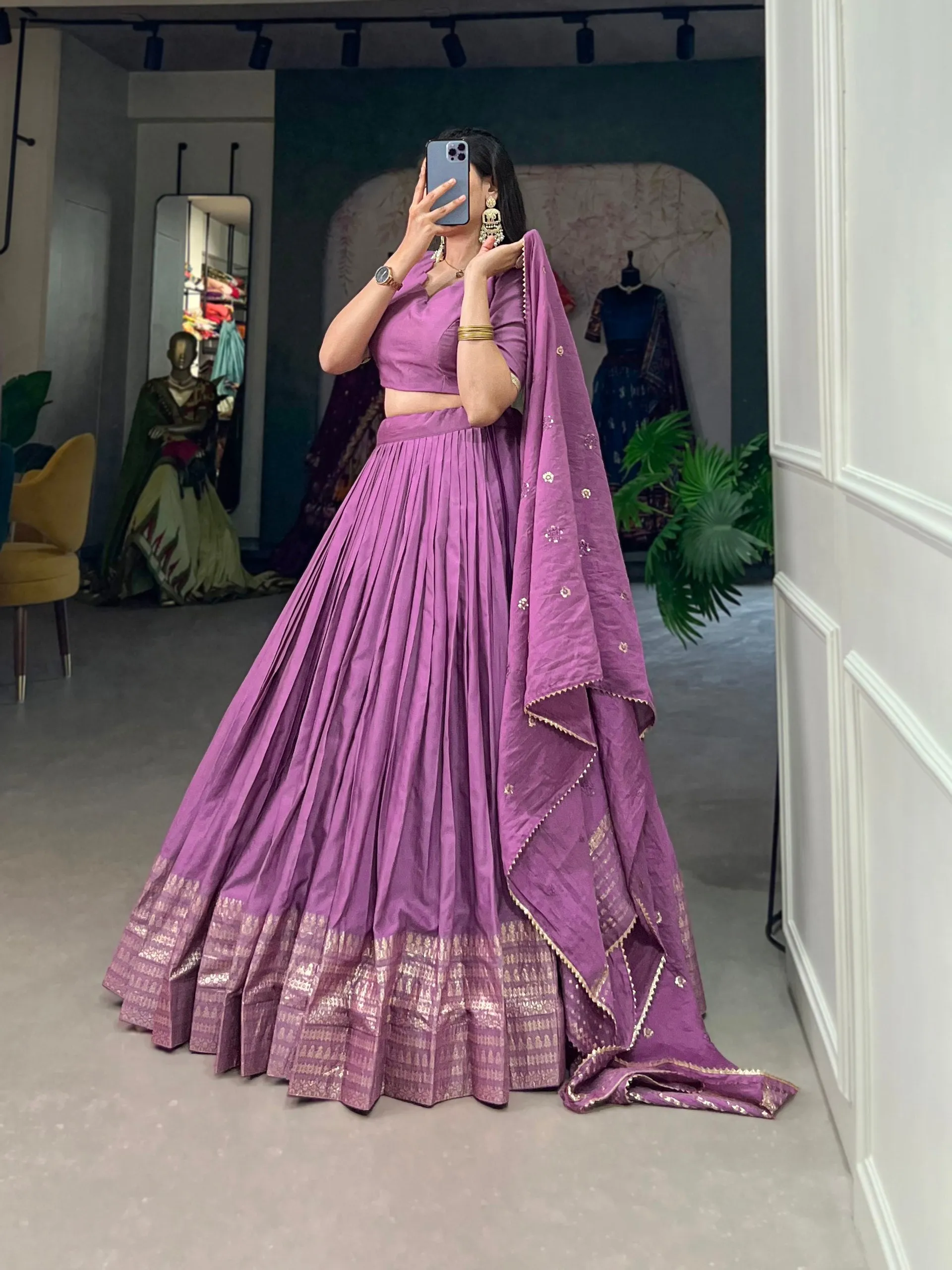 Purple Pure Chanderi Lehenga Choli Set with Zari Border & Sequin Dupatta