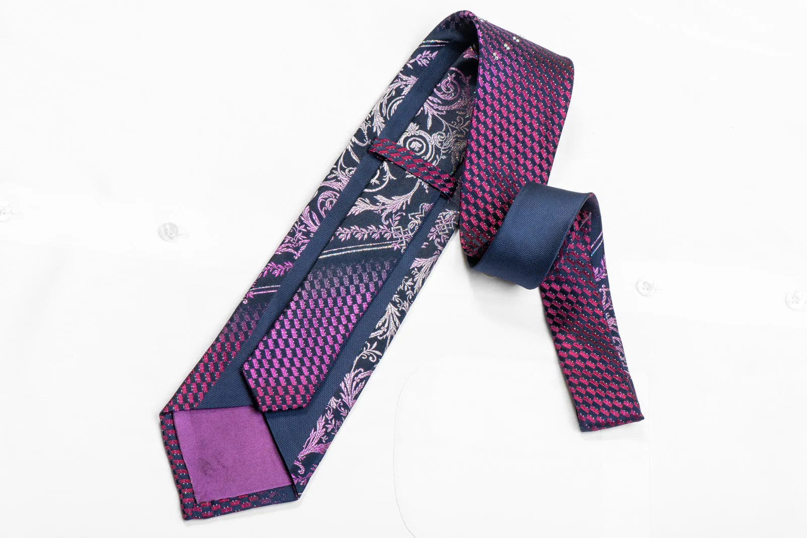 Purple Silver Acanthus Scrolls On Navy Rhinestone Silk Tie With Sparkles